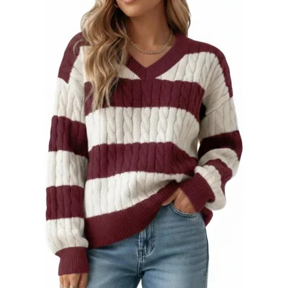 V Neck Cable Knit Sweater Women Long Sleeve Striped Oversized Pullover - Picture 1 of 7